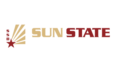 Logo with a red star, gold rays, and the words "SUN STATE" in gold and red capitals; "eagles" is written vertically next to the star, representing Commercial Dock and Door Solutions.