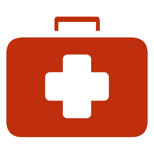 Red first aid kit icon with a white medical cross in the center and a handle on top, ideal for representing Overhead Door Technician Jobs Arizona requiring safety and preparedness.