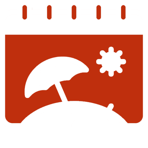 Red and white icon of a calendar with a beach scene—umbrella, lounge chair, sun, and sand—suggests vacation time for those searching for Overhead Door Technician Jobs Arizona.